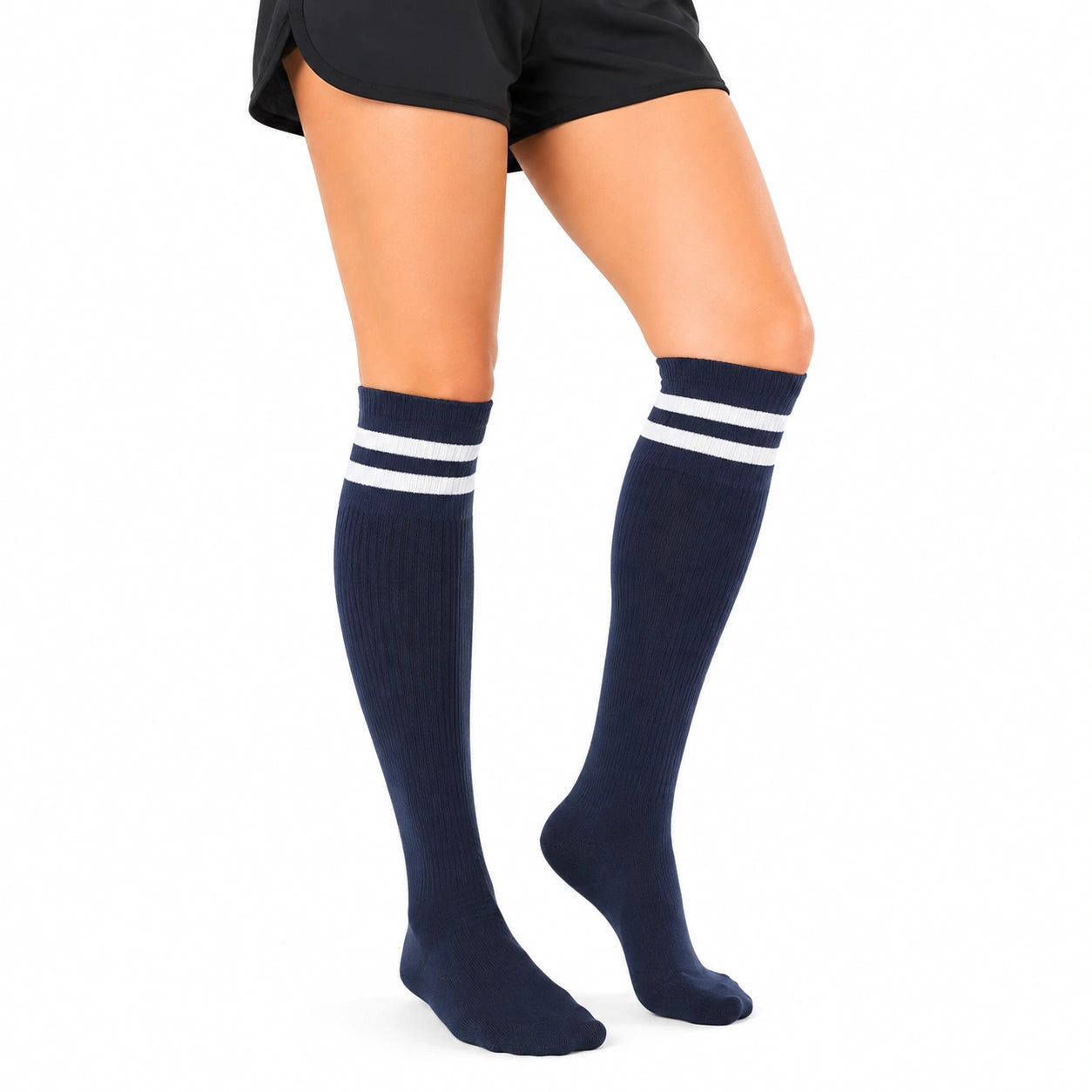 Chaussettes montantes 35-38 en maille bleu marine et blanc style sportif