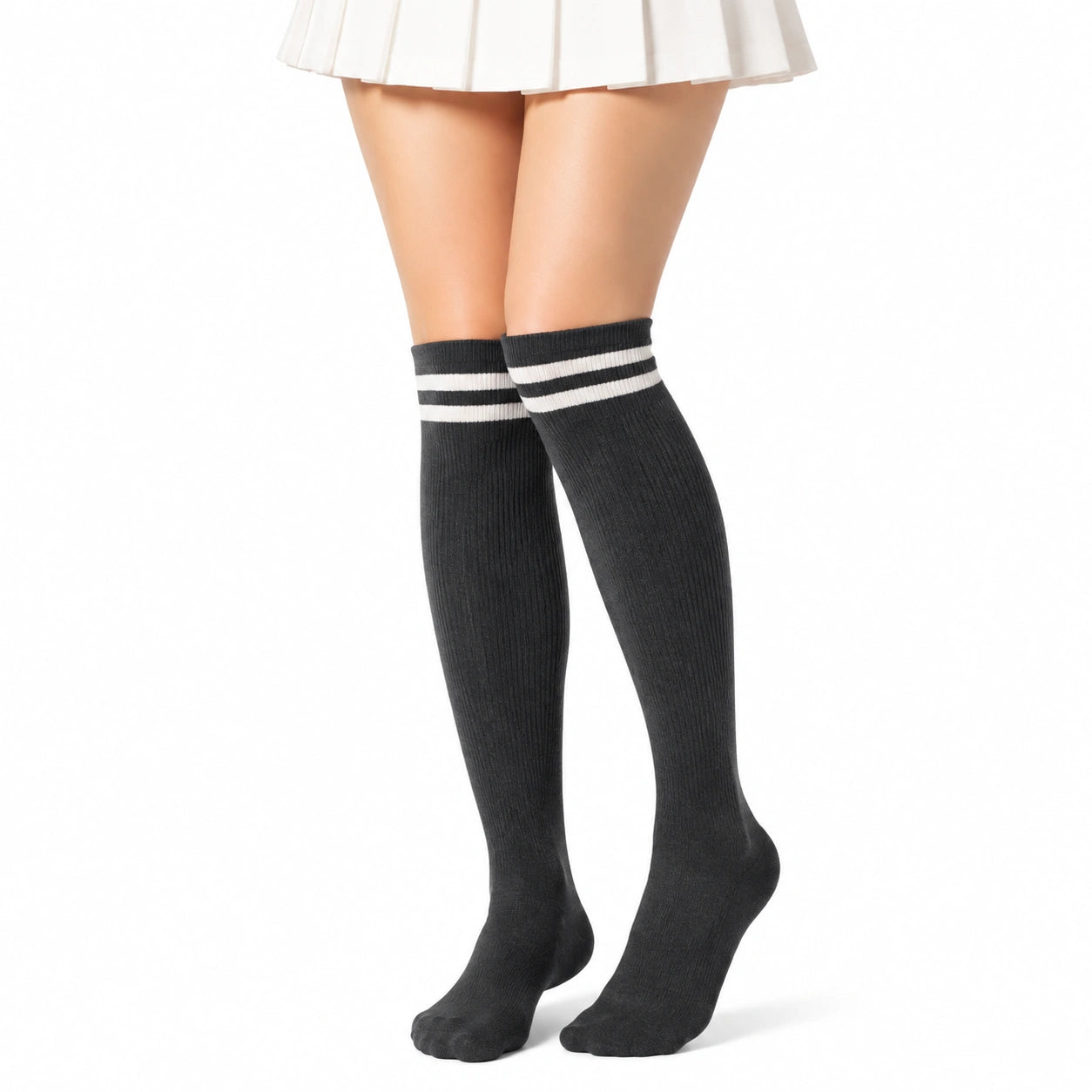 Chaussettes hautes 35-38 en maille textile noir blanc côtelées style sportif