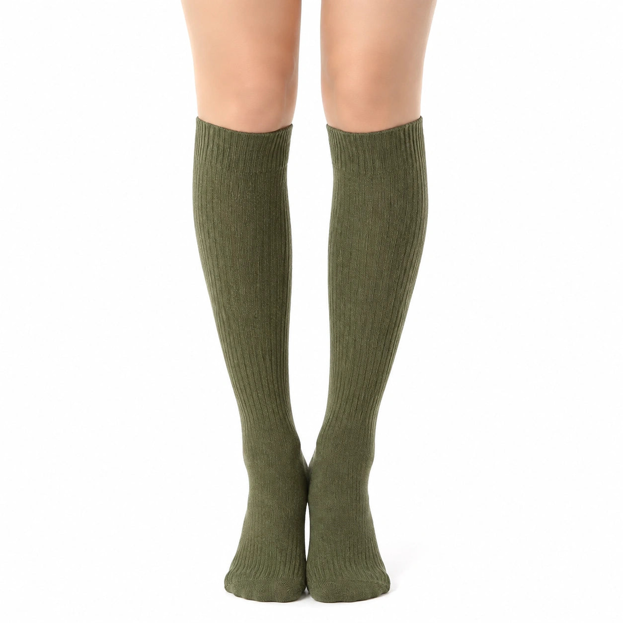 Chaussettes hautes 39-42 en maille vert kaki côtelées