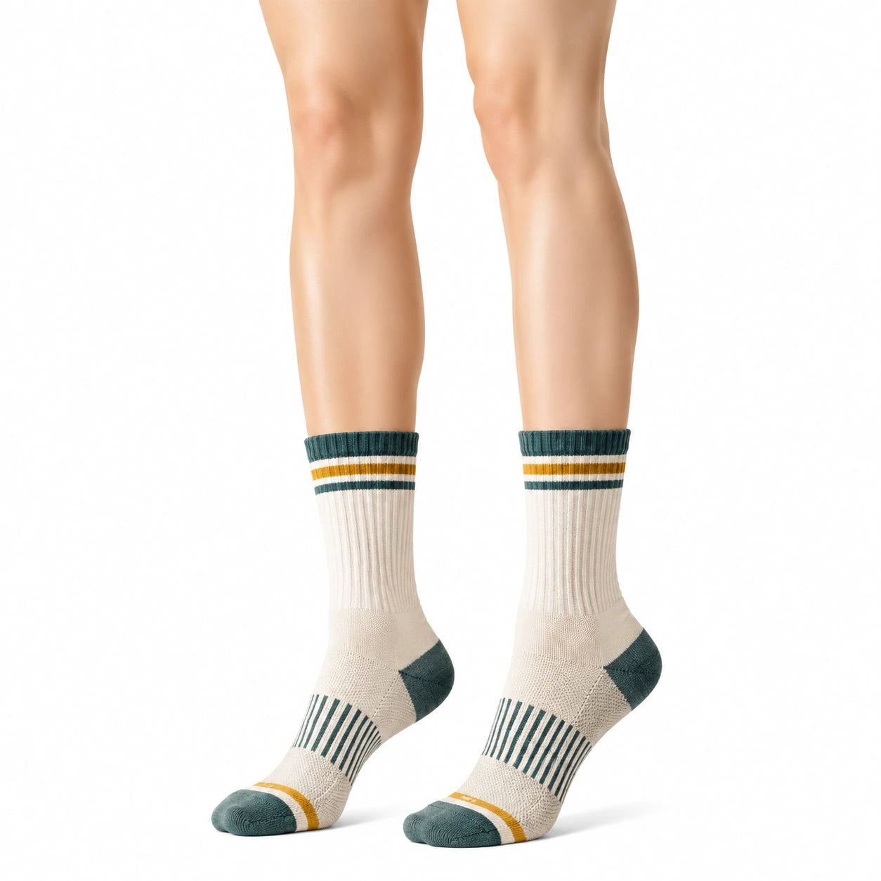 Chaussettes mi-mollet 43-46 en maille écru vert foncé et jaune style sport côtelé