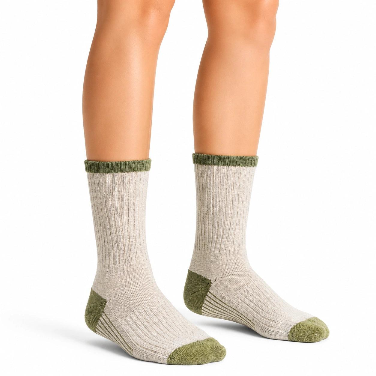 Chaussettes 43-46 en textile côtelé écru et vert olive - mi-mollet