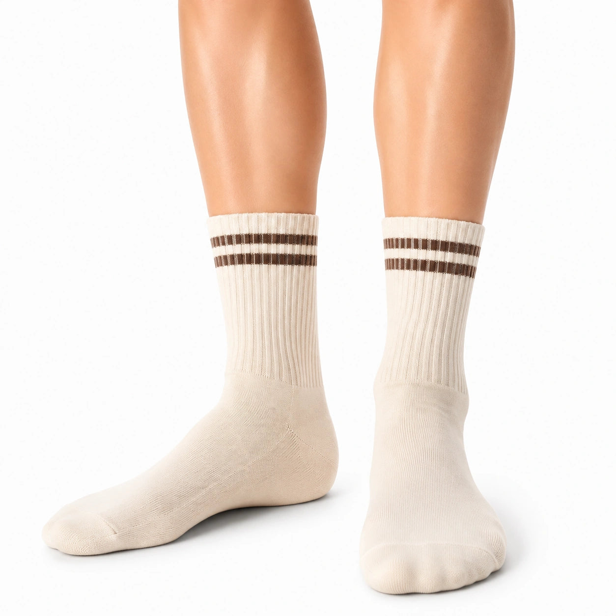 Chaussettes mi-mollet taille 35-38 écru marron côtelées style sportif
