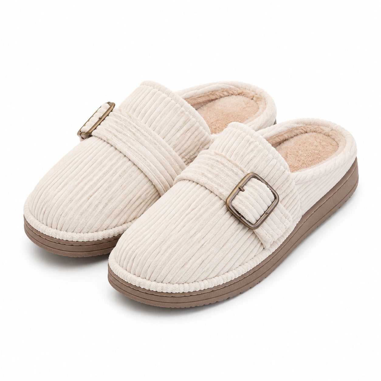 Chaussons 42/43 en textile côtelé beige à boucle pour intérieur