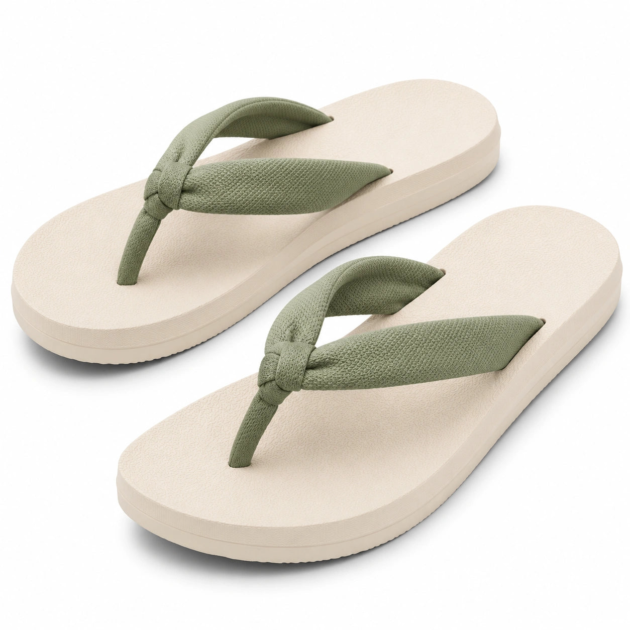 Tongs 38/39 à brides textiles vert sauge et semelle mousse beige - chaussures d'été décontractées