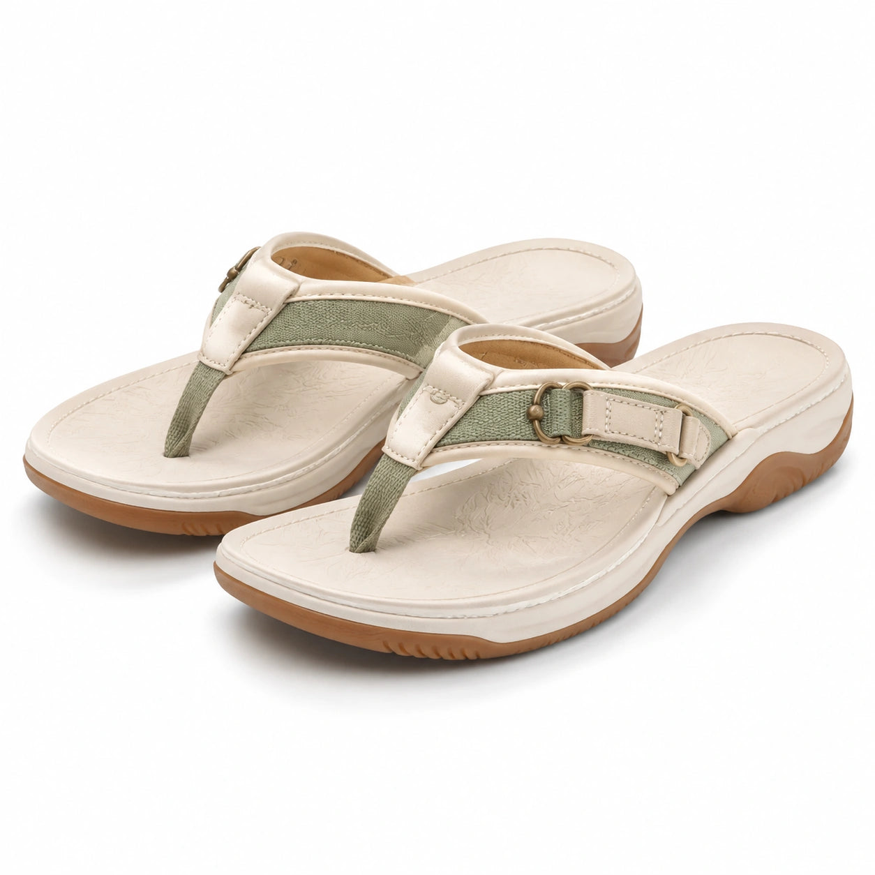 Tongs femme taille 38/39 beige et vert kaki en textile et matière synthétique à semelle ergonomique